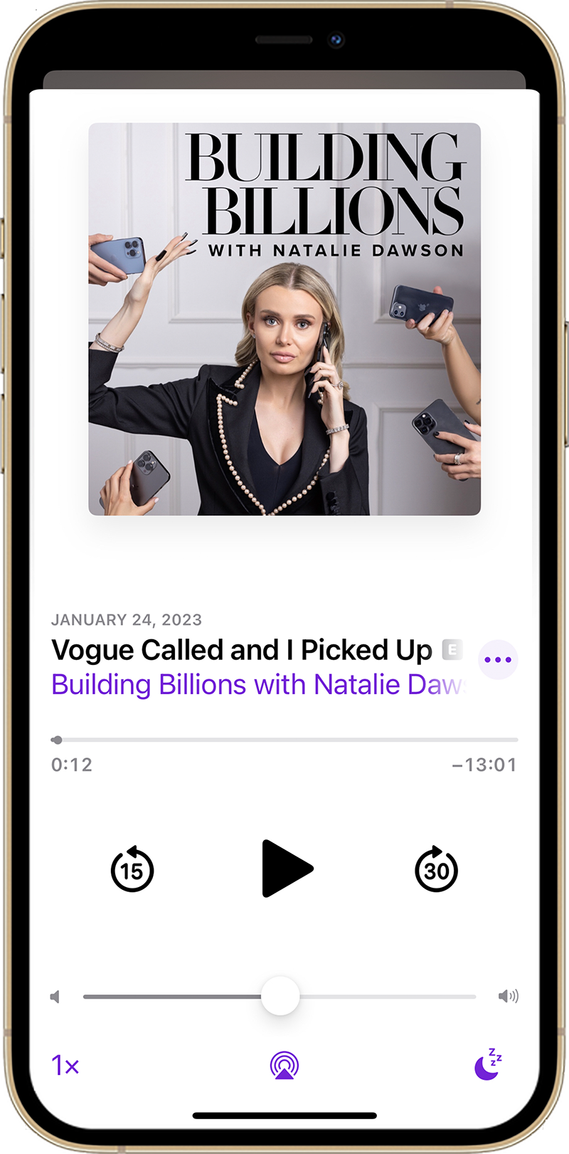a phone with the Building Billions podcast playing on it